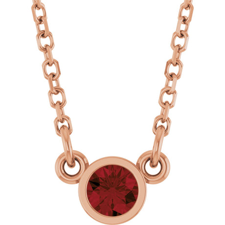 14K Gold Round Natural Mozambique Garnet Bezel-Set Solitaire Birthstone Necklace II - Rose Gold