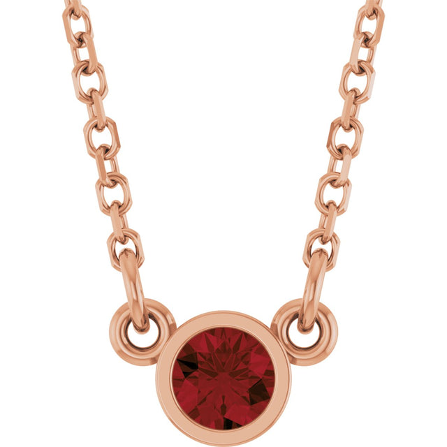 14K Gold Round Natural Mozambique Garnet Bezel-Set Solitaire Birthstone Necklace II - Rose Gold