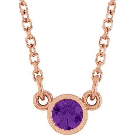 14K Gold Round Natural Amethyst Bezel-Set Solitaire Birthstone Necklace II - Rose Gold