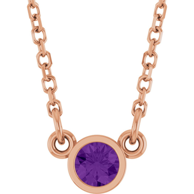 14K Gold Round Natural Amethyst Bezel-Set Solitaire Birthstone Necklace II - Rose Gold