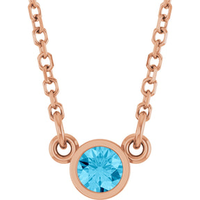 14K Gold Round Natural Aquamarine Bezel-Set Solitaire Birthstone Necklace - Rose Gold