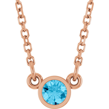 14K Gold Round Natural Aquamarine Bezel-Set Solitaire Birthstone Necklace - Rose Gold