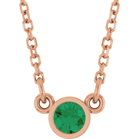 14K Gold Round Natural Emerald Bezel-Set Solitaire Birthstone Necklace - Rose Gold
