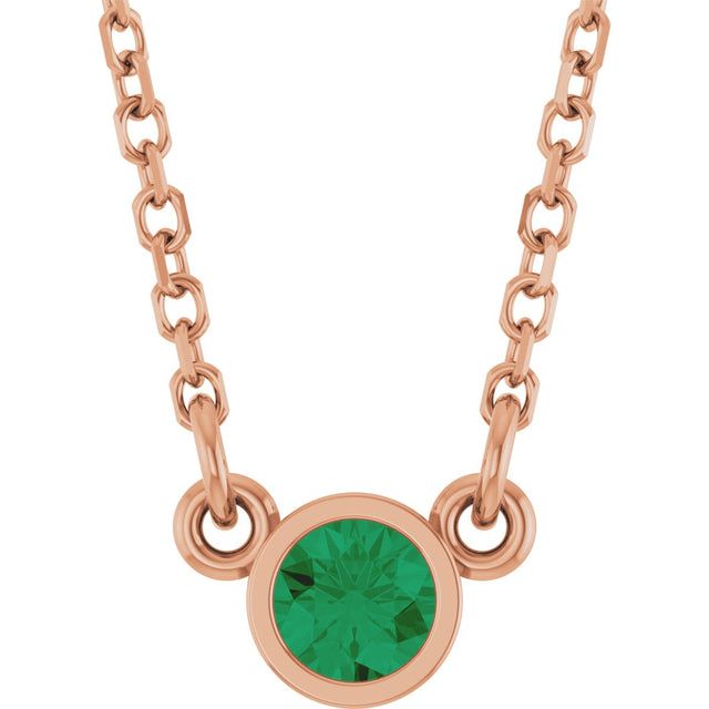 14K Gold Round Natural Emerald Bezel-Set Solitaire Birthstone Necklace - Rose Gold