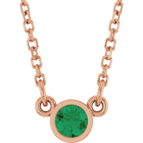 14K Gold Round Lab-Grown Emerald Bezel-Set Solitaire Birthstone Necklace II - Rose Gold