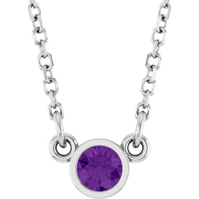 Platinum Round Natural Amethyst Bezel-Set Solitaire Birthstone Necklace