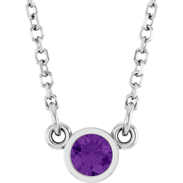 Platinum Round Natural Amethyst Bezel-Set Solitaire Birthstone Necklace