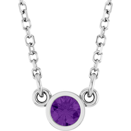 14K Gold Round Natural Amethyst Bezel-Set Solitaire Birthstone Necklace II - White Gold