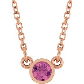 14K Gold Round Natural Pink Tourmaline Bezel-Set Solitaire Birthstone Necklace - Rose Gold