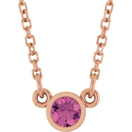 14K Gold Round Natural Pink Tourmaline Bezel-Set Solitaire Birthstone Necklace - Rose Gold