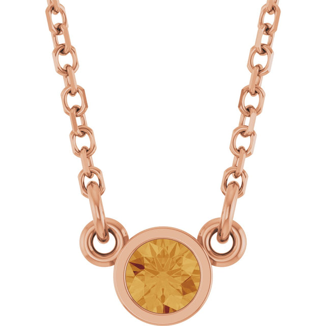 14K Gold Round Natural Citrine Bezel-Set Solitaire Birthstone Necklace II - Rose Gold