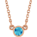 14K Gold Round Natural Blue Zircon Bezel-Set Solitaire Birthstone Necklace II - Rose Gold