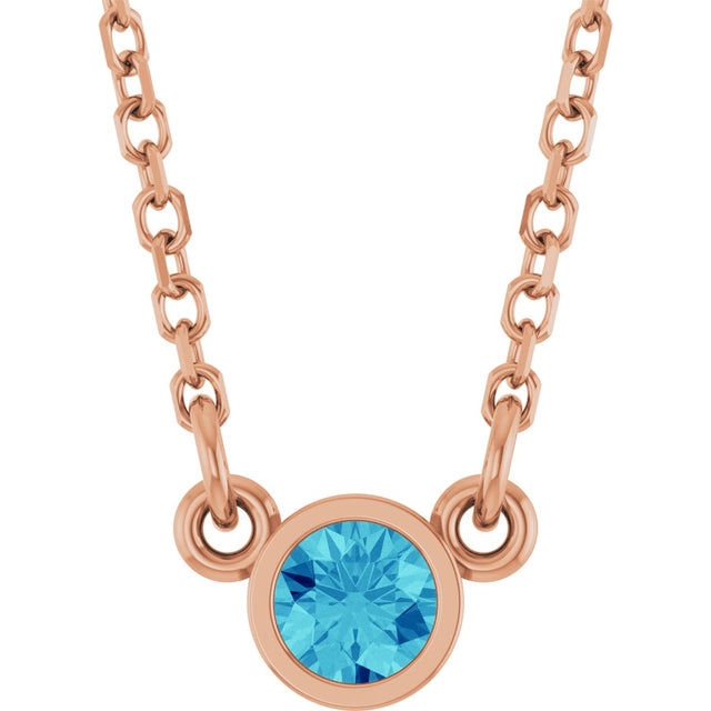 14K Gold Round Natural Blue Zircon Bezel-Set Solitaire Birthstone Necklace II - Rose Gold