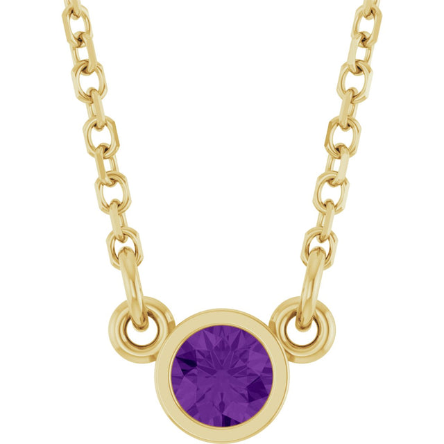 14K Gold Round Natural Amethyst Bezel-Set Solitaire Birthstone Necklace II - Yellow Gold