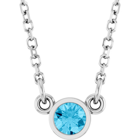 14K Gold Round Natural Aquamarine Bezel-Set Solitaire Birthstone Necklace - White Gold