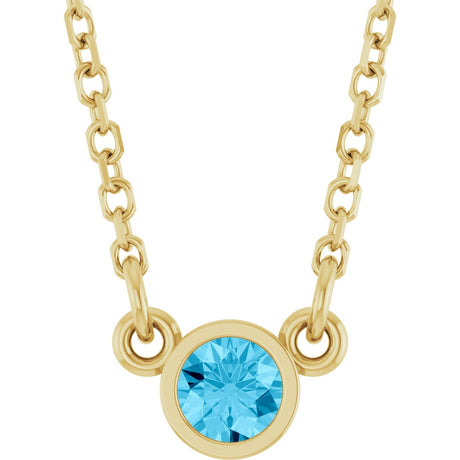 14K Gold Round Natural Aquamarine Bezel-Set Solitaire Birthstone Necklace - Yellow Gold