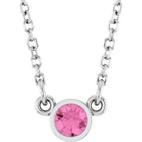 14K Gold Round Natural Pink Sapphire Bezel-Set Solitaire Birthstone Necklace - White Gold