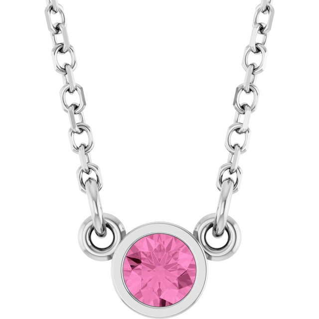14K Gold Round Natural Pink Sapphire Bezel-Set Solitaire Birthstone Necklace - White Gold