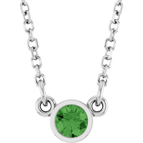 14K Gold Round Natural Green Tourmaline Bezel-Set Solitaire Birthstone Necklace - White Gold