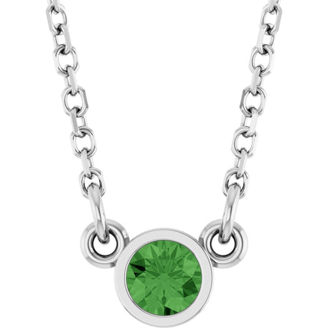 14K Gold Round Natural Green Tourmaline Bezel-Set Solitaire Birthstone Necklace - White Gold