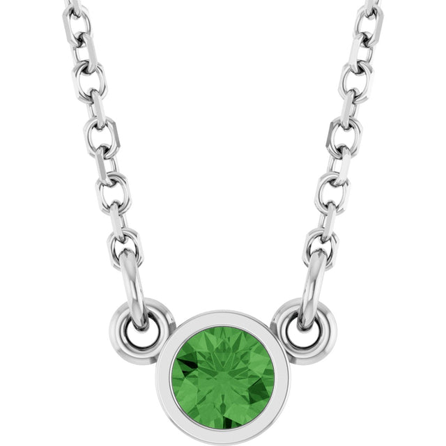14K Gold Round Natural Green Tourmaline Bezel-Set Solitaire Birthstone Necklace - White Gold