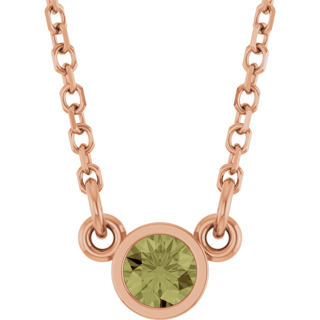 14K Gold Round Natural Green Sapphire Bezel-Set Solitaire Birthstone Necklace - Rose Gold