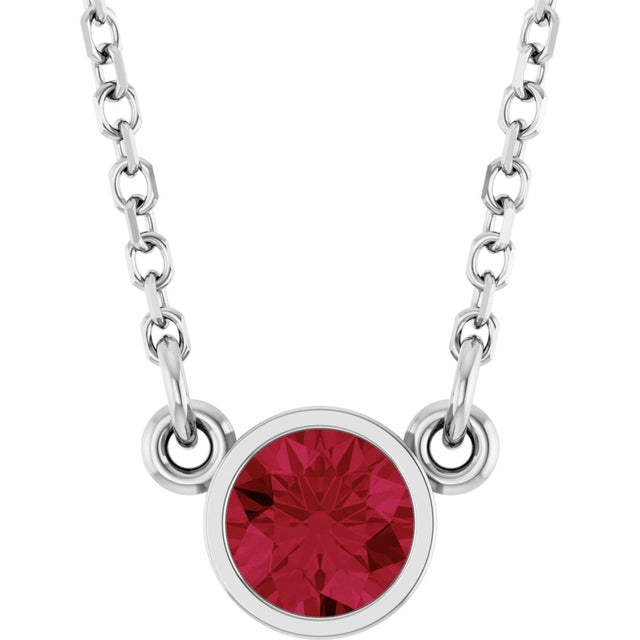 Platinum Round Lab-Grown Ruby Bezel-Set Solitaire Birthstone Necklace II