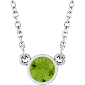 Platinum Round Natural Peridot Bezel-Set Solitaire Birthstone Necklace II