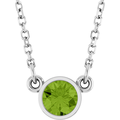Platinum Round Natural Peridot Bezel-Set Solitaire Birthstone Necklace II