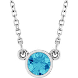 14K Gold Round Natural Blue Zircon Bezel-Set Solitaire Birthstone Necklace - White Gold
