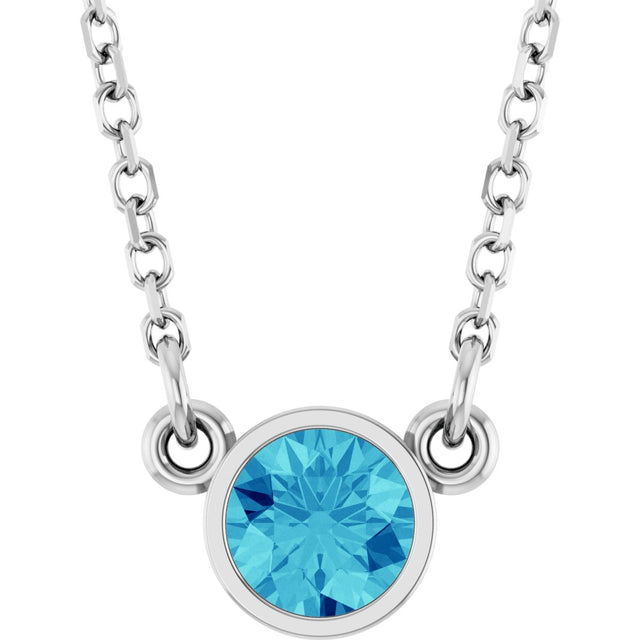 14K Gold Round Natural Blue Zircon Bezel-Set Solitaire Birthstone Necklace - White Gold