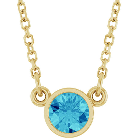 14K Gold Round Natural Blue Zircon Bezel-Set Solitaire Birthstone Necklace - Yellow Gold