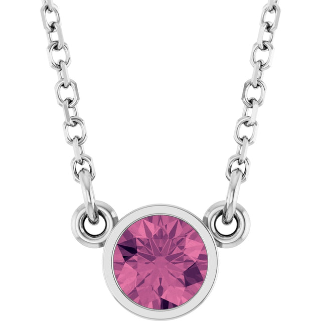 14K Gold Round Natural Pink Tourmaline Bezel-Set Solitaire Birthstone Necklace - White Gold