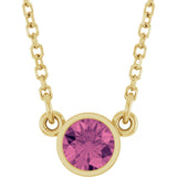 14K Gold Round Natural Pink Tourmaline Bezel-Set Solitaire Birthstone Necklace - Yellow Gold