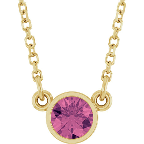 14K Gold Round Natural Pink Tourmaline Bezel-Set Solitaire Birthstone Necklace - Yellow Gold