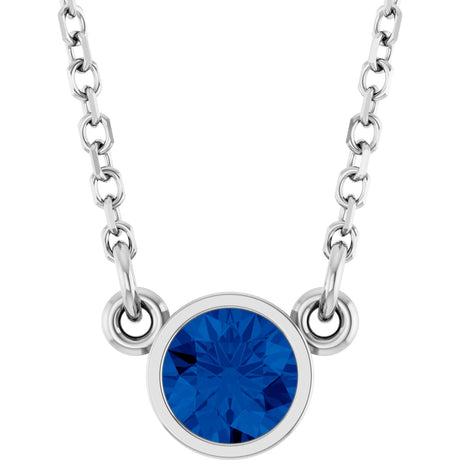 Platinum Round Lab-Grown Blue Sapphire Bezel-Set Solitaire Birthstone Necklace II
