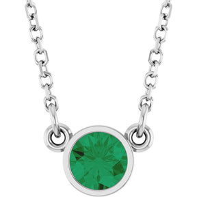 14K Gold Round Natural Emerald Bezel-Set Solitaire Birthstone Necklace II - White Gold