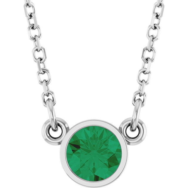 14K Gold Round Natural Emerald Bezel-Set Solitaire Birthstone Necklace II - White Gold