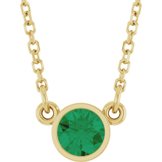14K Gold Round Natural Emerald Bezel-Set Solitaire Birthstone Necklace II - Yellow Gold