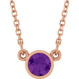 14K Gold Round Natural Amethyst Bezel-Set Solitaire Birthstone Necklace - Rose Gold