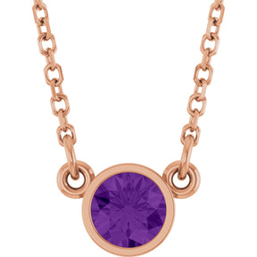 14K Gold Round Natural Amethyst Bezel-Set Solitaire Birthstone Necklace - Rose Gold