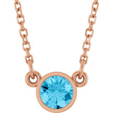14K Gold Round Natural Aquamarine Bezel-Set Solitaire Birthstone Necklace II - Rose Gold
