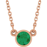 14K Gold Round Natural Emerald Bezel-Set Solitaire Birthstone Necklace II - Rose Gold