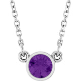 14K Gold Round Natural Amethyst Bezel-Set Solitaire Birthstone Necklace - White Gold