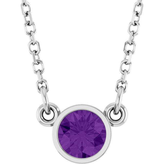 14K Gold Round Natural Amethyst Bezel-Set Solitaire Birthstone Necklace - White Gold