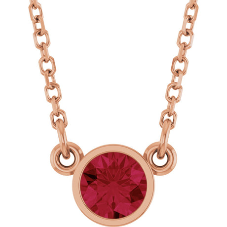 14K Gold Round Natural Ruby Bezel-Set Solitaire Birthstone Necklace II - Rose Gold