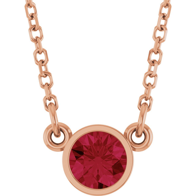 14K Gold Round Lab-Grown Ruby Bezel-Set Solitaire Birthstone Necklace II - Rose Gold