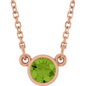 14K Gold Round Natural Peridot Bezel-Set Solitaire Birthstone Necklace - Rose Gold