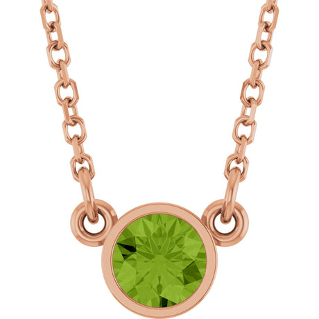 14K Gold Round Natural Peridot Bezel-Set Solitaire Birthstone Necklace - Rose Gold