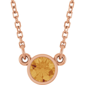 14K Gold Round Natural Citrine Bezel-Set Solitaire Birthstone Necklace - Rose Gold